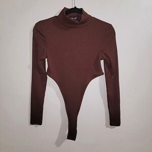 Nasty Gal EUC Brown Ribbed Knit Turtleneck Long Sleeve Bodysuit - Women's SIZE 2